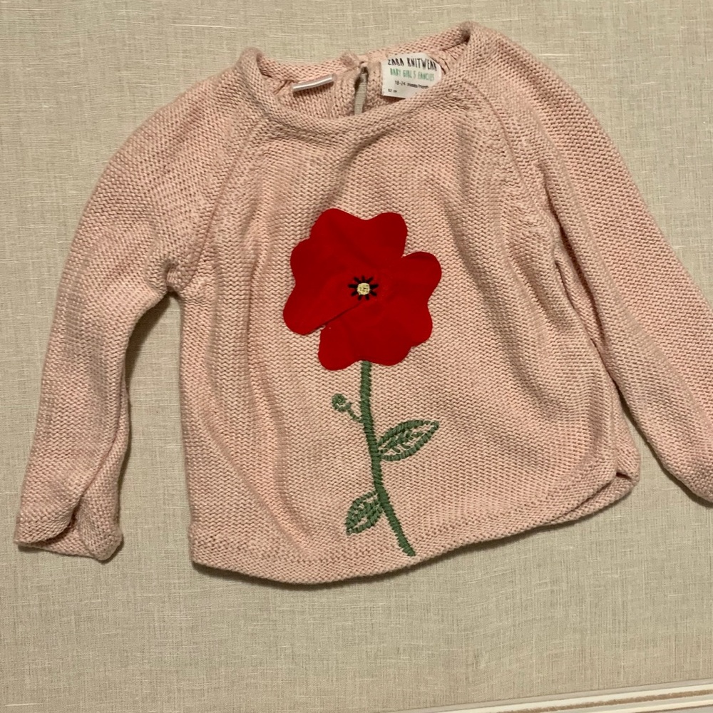 Dusty rose Baby sweater w/ 3D red flower 18-24M